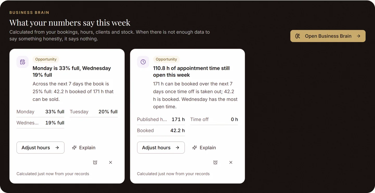 The Business Brain panel: the fullest and quietest days this week and the hours still open, each with its figures