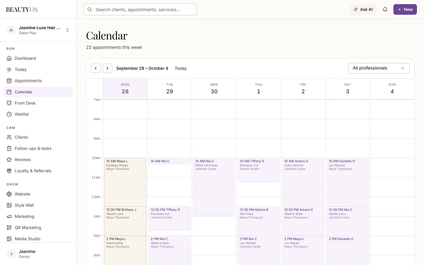 The BeautyOS dashboard: navigation for Today, Appointments, Calendar, Front Desk, Waitlist, Clients and more, beside a week calendar of a hair and braid studio's appointments