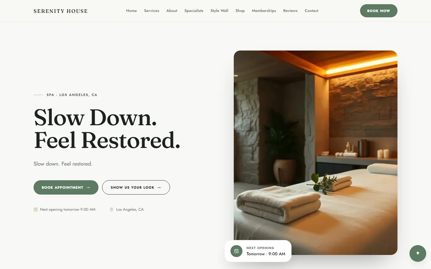Serenity House’s generated website: Slow Down. Feel Restored.